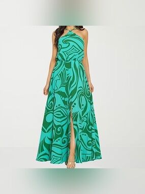 Premier Amour Green Abstract Print Halter Maxi Dress